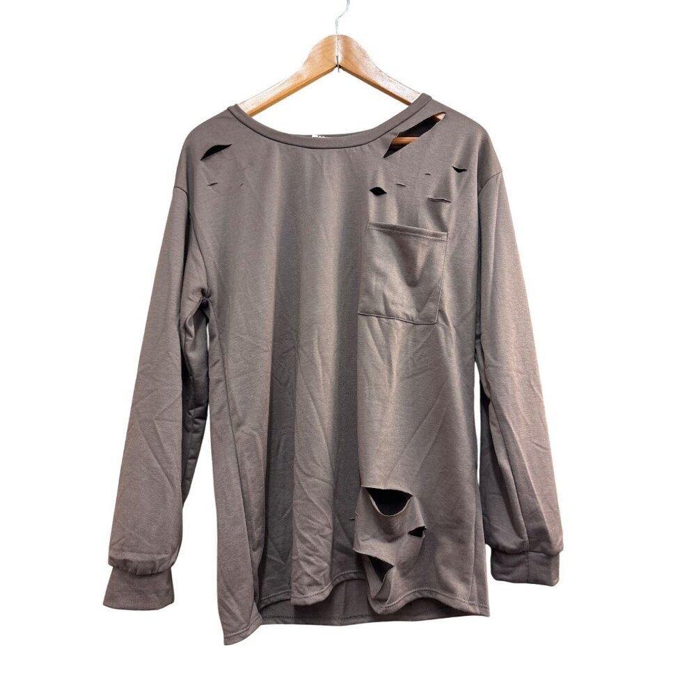 BiBi Long Sleeve Distressed Brown Top With Pocket